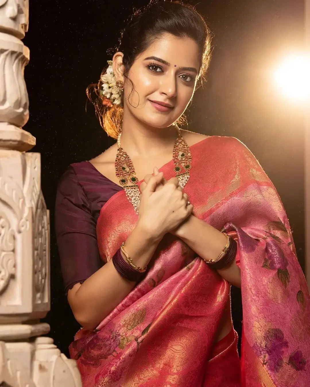 South Indian Model Ashika Ranganath Photoshoot In Red Saree